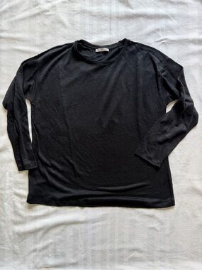 Zara Linen Black Long Sleeve Crewneck Top